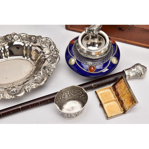 226 - A BOX OF SILVER PLATE, COLLECTABLES AND OTHER METALWARES, including a small Indian white metal embos... 