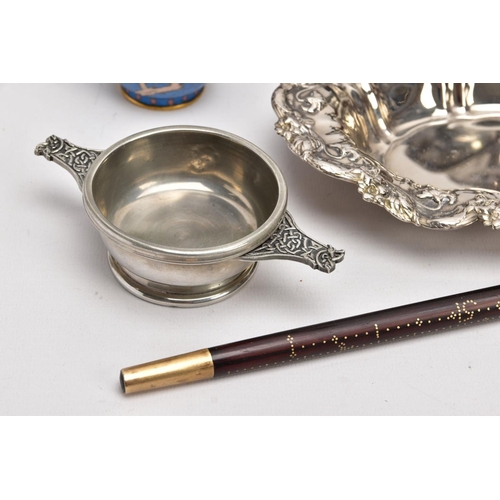 226 - A BOX OF SILVER PLATE, COLLECTABLES AND OTHER METALWARES, including a small Indian white metal embos... 