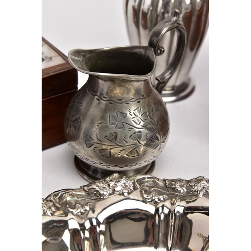 226 - A BOX OF SILVER PLATE, COLLECTABLES AND OTHER METALWARES, including a small Indian white metal embos... 