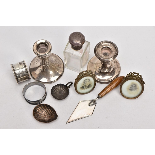 227 - A BOX OF ASSORTED ITEMS, to include an AF silver weighted base dwarf candle, hallmarked Birmingham, ... 