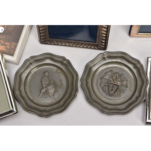 228 - A BOX OF SILVER, SILVER PLATE AND WHITE METAL PHOTOFRAMES, to include a small silver, rectangular fr... 