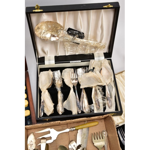 233 - A BOX OF VARIOUS CUTLERY ITEMS, to include cased sets of fish knives, cake forks, a metal dagger wit... 