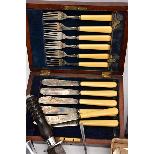 233 - A BOX OF VARIOUS CUTLERY ITEMS, to include cased sets of fish knives, cake forks, a metal dagger wit... 