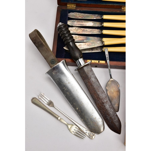 233 - A BOX OF VARIOUS CUTLERY ITEMS, to include cased sets of fish knives, cake forks, a metal dagger wit... 