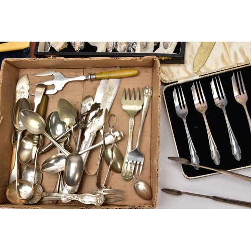 233 - A BOX OF VARIOUS CUTLERY ITEMS, to include cased sets of fish knives, cake forks, a metal dagger wit... 