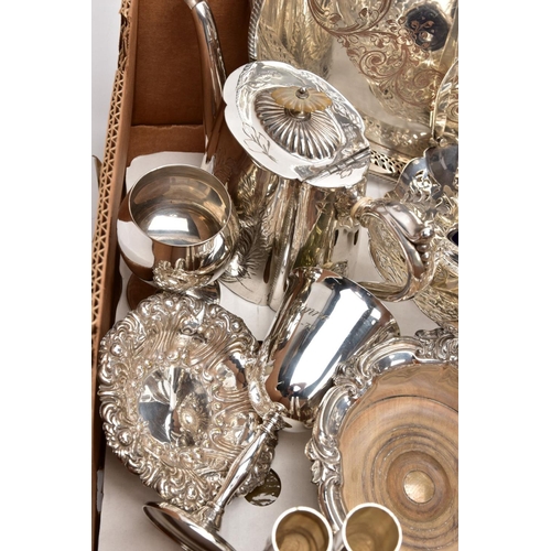 235 - A BOX CONTAINING A QUANTITY OF SILVER PLATED ITEMS, to include a teapot and coffeepot with stand, a ... 