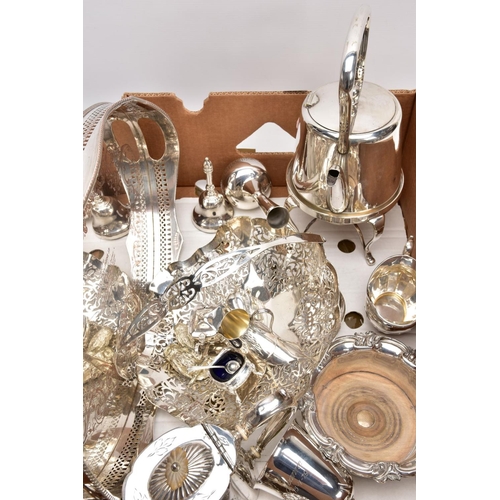 235 - A BOX CONTAINING A QUANTITY OF SILVER PLATED ITEMS, to include a teapot and coffeepot with stand, a ... 