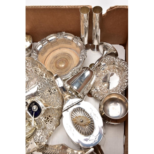 235 - A BOX CONTAINING A QUANTITY OF SILVER PLATED ITEMS, to include a teapot and coffeepot with stand, a ... 