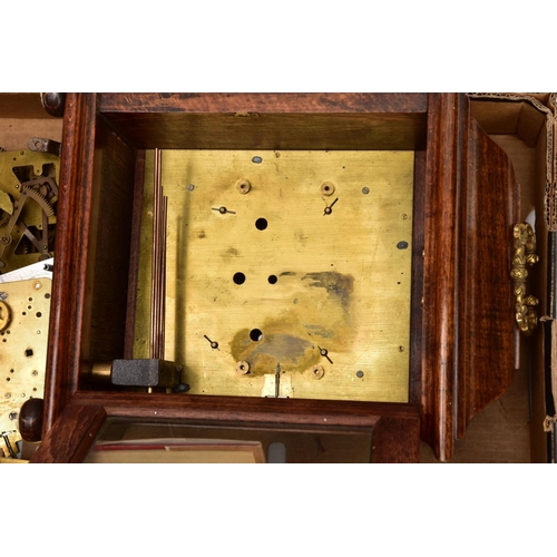 238 - BOX CONTAINING A QUANTITY OF CLOCK PARTS AND MOVEMENTS, to include a wooden outer case with a glass ... 