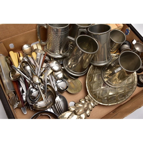 239 - A BOX OF WHITE METALWARE, to include five pint sized pewter tankards, a half pint sized pewter tanka... 