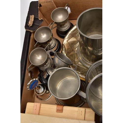 239 - A BOX OF WHITE METALWARE, to include five pint sized pewter tankards, a half pint sized pewter tanka... 