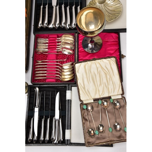 240 - A BOX OF ASSORTED METALWARE, to include three cased set of knives,, a cased set of six EPNS coffee s... 