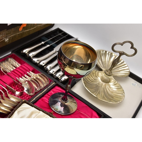 240 - A BOX OF ASSORTED METALWARE, to include three cased set of knives,, a cased set of six EPNS coffee s... 