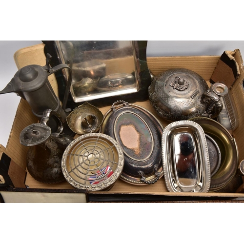 240 - A BOX OF ASSORTED METALWARE, to include three cased set of knives,, a cased set of six EPNS coffee s... 