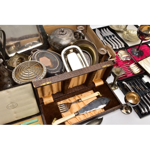 240 - A BOX OF ASSORTED METALWARE, to include three cased set of knives,, a cased set of six EPNS coffee s... 