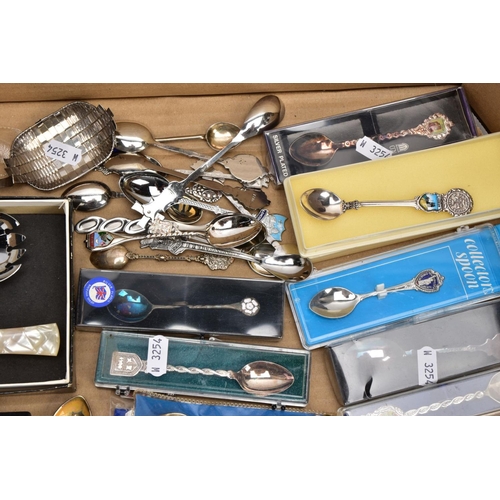 241 - A BOX OF ASSORTED SILVER AND WHITE METAL COLLECTABLE TEASPOONS AND OTHER ITEMS, to include six silve... 