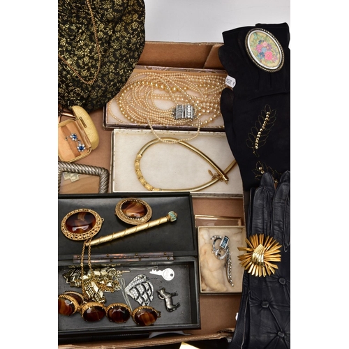 242 - A BOX OF ASSORTED COSTUME JEWELLERY, EVENING GLOVES, AND OTHER ITEMS, to include imitation pearl nec... 