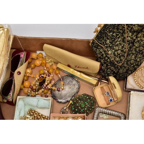 242 - A BOX OF ASSORTED COSTUME JEWELLERY, EVENING GLOVES, AND OTHER ITEMS, to include imitation pearl nec... 