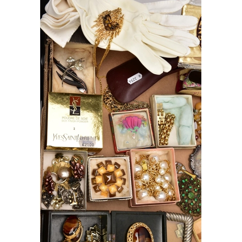 242 - A BOX OF ASSORTED COSTUME JEWELLERY, EVENING GLOVES, AND OTHER ITEMS, to include imitation pearl nec... 