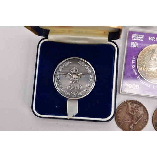 247 - A PLASTIC TRAY CONTAINING COMMEMORATIVES AND MEDALLIONS, to include a boxed 50th Anniversary R.A.F. ... 