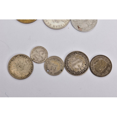 249 - A SMALL BOX OF WORLD COINS to include a small amount of silver coins