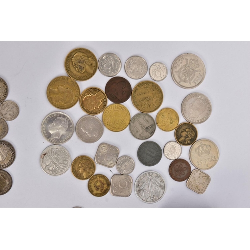 249 - A SMALL BOX OF WORLD COINS to include a small amount of silver coins