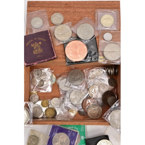 250 - A WOODEN CIGAR BOX OF WORLD COINS to include a George II shilling coin 1741, a 1937 crown George VI,... 