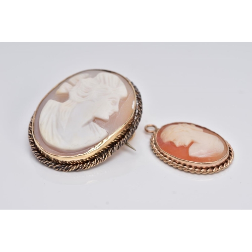 28 - A 9CT GOLD CAMEO PENDANT AND A YELLOW METAL CAMEO BROOCH, the pendant of an oval form, depicting a l... 