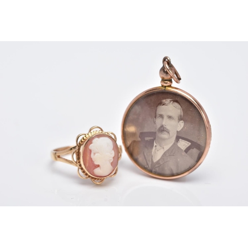 29 - A 9CT GOLD CAMEO RING AND A DOUBLE SIDED PHOTOGRAPH, of an oval form, depicting a lady in profile, w... 