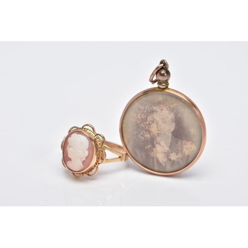 29 - A 9CT GOLD CAMEO RING AND A DOUBLE SIDED PHOTOGRAPH, of an oval form, depicting a lady in profile, w... 