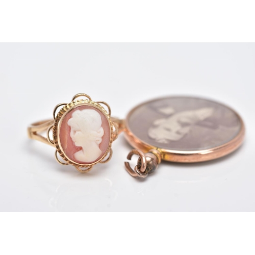 29 - A 9CT GOLD CAMEO RING AND A DOUBLE SIDED PHOTOGRAPH, of an oval form, depicting a lady in profile, w... 