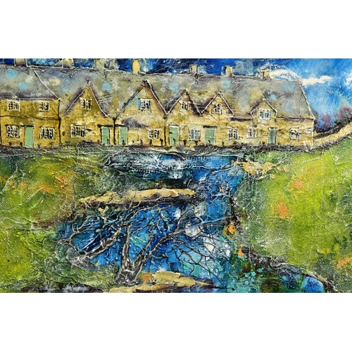 303 - KATHARINE DOVE (BRITISH CONTEMPORARY) 'BY A BROOK' a row of cottages beside a brook, signed bottom r... 