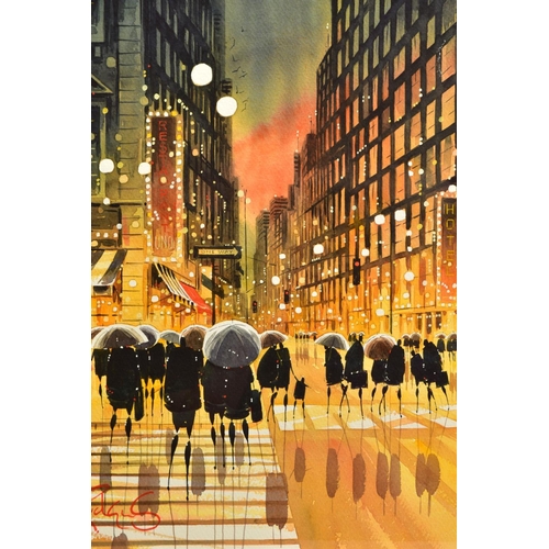 312 - PETER J. RODGERS (BRITISH CONTEMPORARY) 'BIG APPLE DUSK - NEW YORK' a rainy night time cityscape, si... 