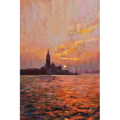 314 - STEPHEN COLLETT (BRITISH CONTEMPORARY) 'VENICE LAGOON SUNSET' a Venetian view, signed bottom left, o... 