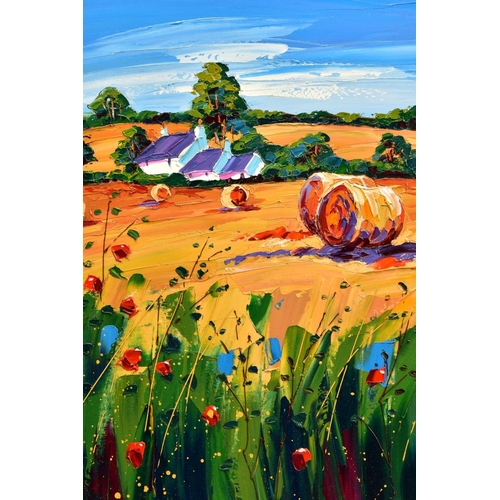 317 - LYNN RODGIE (BRITISH CONTEMPORARY) 'STRAW BALES, ANCRUM' a colourful Scottish landscape, signed bott... 