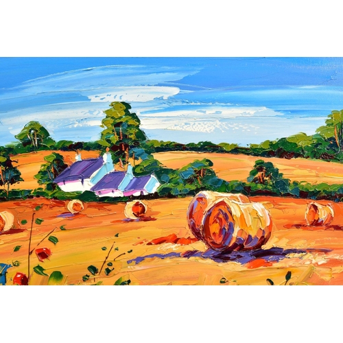 317 - LYNN RODGIE (BRITISH CONTEMPORARY) 'STRAW BALES, ANCRUM' a colourful Scottish landscape, signed bott... 