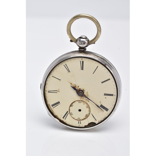 32 - A SILVER OPEN FACED POCKET WATCH, AF, cream dial, Roman numerals, seconds subsidiary dial at the six... 