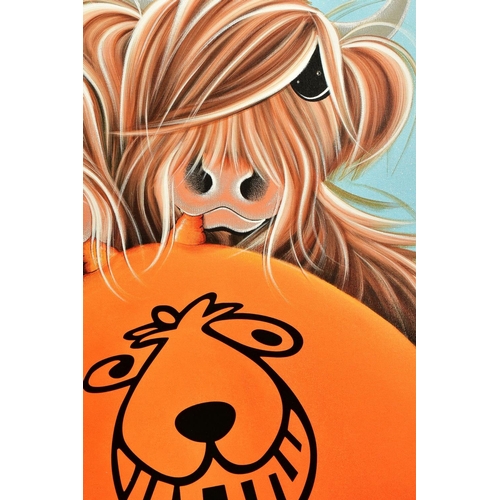 323 - JENNIFER HOGWOOD (BRITISH 1980) 'IT'S MY TURN' a limited edition print of Highland Cattle with a spa... 