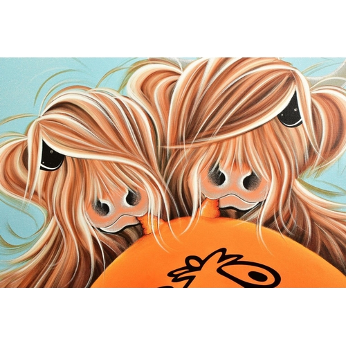 323 - JENNIFER HOGWOOD (BRITISH 1980) 'IT'S MY TURN' a limited edition print of Highland Cattle with a spa... 