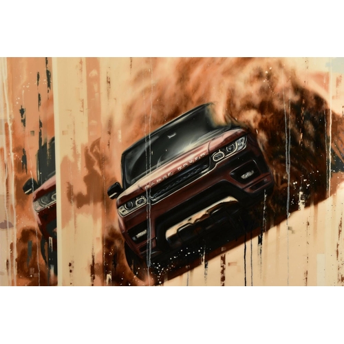 325 - KRIS HARDY (BRITISH 1978) 'RANGE ROVER' a Land Rover in the Desert, signed bottom right, oil on canv... 