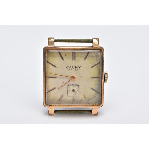 33 - A GOLD PLATED GENTS 'CAUNY PRIMA' WRISTWATCH, hand wound movement, square design discoloured dial si... 