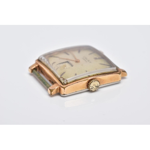 33 - A GOLD PLATED GENTS 'CAUNY PRIMA' WRISTWATCH, hand wound movement, square design discoloured dial si... 