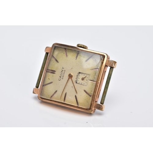 33 - A GOLD PLATED GENTS 'CAUNY PRIMA' WRISTWATCH, hand wound movement, square design discoloured dial si... 