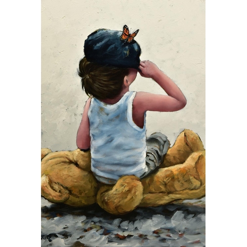 333 - KEITH PROCTOR (BRITISH 1961) 'HAS HE GONE YET?' a small boy, his teddy bear and a butterfly, signed ... 