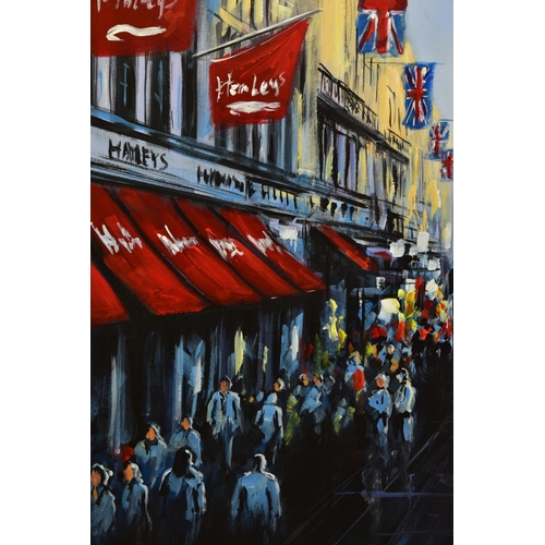 334 - CSILLA ORBAN (HUNGARY 1961) 'REGENTS STREET' a London cityscape signed bottom right, oil on canvas a... 