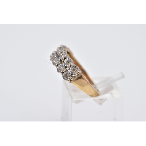 34 - A 9CT GOLD DIAMOND RING, designed with two rows of illusion set, round brilliant cut diamonds, stamp... 