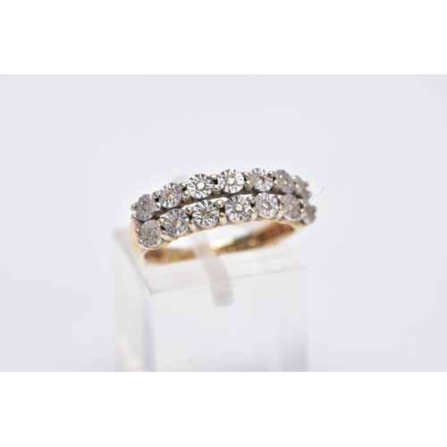 34 - A 9CT GOLD DIAMOND RING, designed with two rows of illusion set, round brilliant cut diamonds, stamp... 