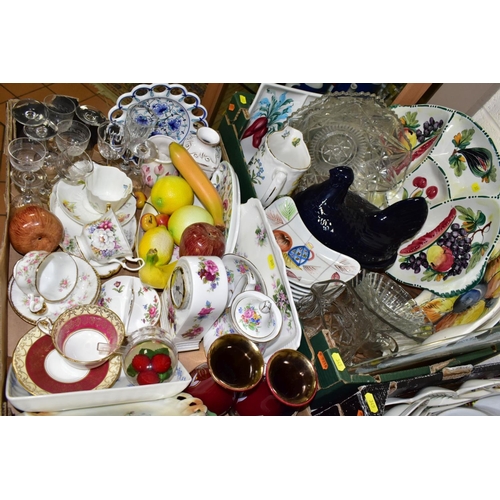 345 - FOUR BOXES AND LOOSE CERAMICS AND GLASSWARE, including Italian ceramics, a Portmeirion Pomona patter... 