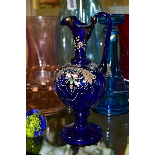 350 - TEN PIECES OF COLOURED GLASSWARE including a blue glass vase of triform shape, with bubble inclusion... 