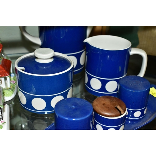 351 - A T.G. GREEN LTD 'JERSEY BLUE', TWO PIECE COFFEE SET, MATCHING CONDIMENT SET ON TRAY AND A PRESERVE ... 